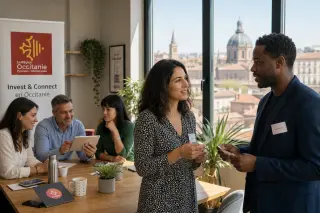 Entrepreneurs networking around a table in a sunlit modern coworking space with a Toulouse cityscape visible, exchanging business cards and engaged in group discussion.