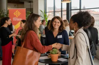 Women entrepreneurs networking in a modern coworking space in southern France, exchanging contacts and discussing projects with warm natural light and subtle local urban touches.