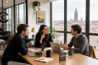 Coworking space in southern France with three entrepreneurs in discussion, warm daylight and subtle Occitanie architectural touches.