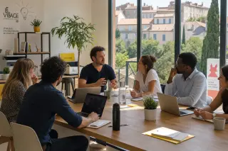 Entrepreneurs in a sunlit coworking space in Occitanie engaged in a collaborative business planning session