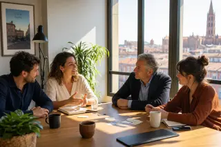 Entrepreneurs in a sunlit coworking space in southern France, having a focused business discussion around a wooden table with cityscape views in the background.