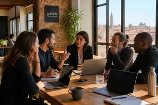 Colleagues in a sunny coworking space in Occitanie discussing business plans around a table with laptops and coffee, warm southern French city atmosphere visible through the windows.