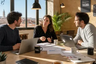 Entrepreneurs in a sunlit Occitanie coworking space discussing business around a table with laptops and papers