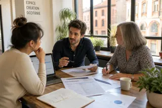 Entrepreneurs in a coworking space in Occitanie discussing business paperwork around a wooden table with natural light and a view of Toulouse architecture.