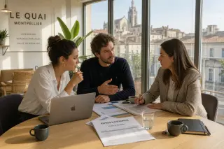 Entrepreneurs collaborating around a table in a sunlit coworking space, with Montpellier cityscape visible through the windows.