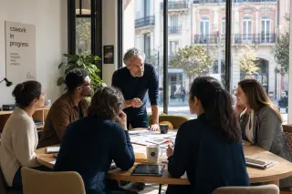 Coworking space in southern France where entrepreneurs discuss business ideas with a mentor, natural light and warm urban Occitanie atmosphere.