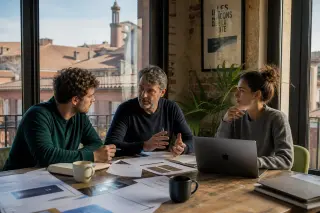 Three business professionals having a serious discussion around a table in a sunlit coworking space with Occitanie architecture glimpsed through the windows.
