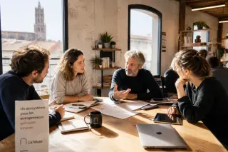 Entrepreneurs and a mentor discussing a business plan in a sunlit coworking space in Occitanie, southern France, with modern decor and collaborative atmosphere.