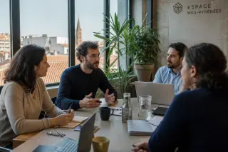 Meeting of entrepreneurs in a sunlit coworking space, discussing business plans around a table with Occitanie city views in the background.