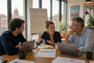 Entrepreneurs in a modern southern France coworking space having a focused business discussion with laptops and documents