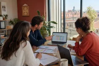 Entrepreneurs in a sunlit Occitanie coworking space reviewing financial planning at a table with laptops and papers
