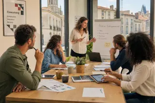 Coworking space in Occitanie with a business trainer and aspiring entrepreneurs discussing projects around a sunlit modern table.