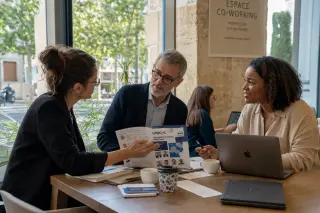 Three professionals meet at a sunlit coworking space in Occitanie, discussing business network options with documents and coffee on the table.