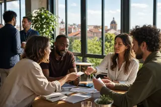 Entrepreneurs exchanging business cards and discussing ideas in a sunlit coworking space with southern France urban rooftops visible outside.